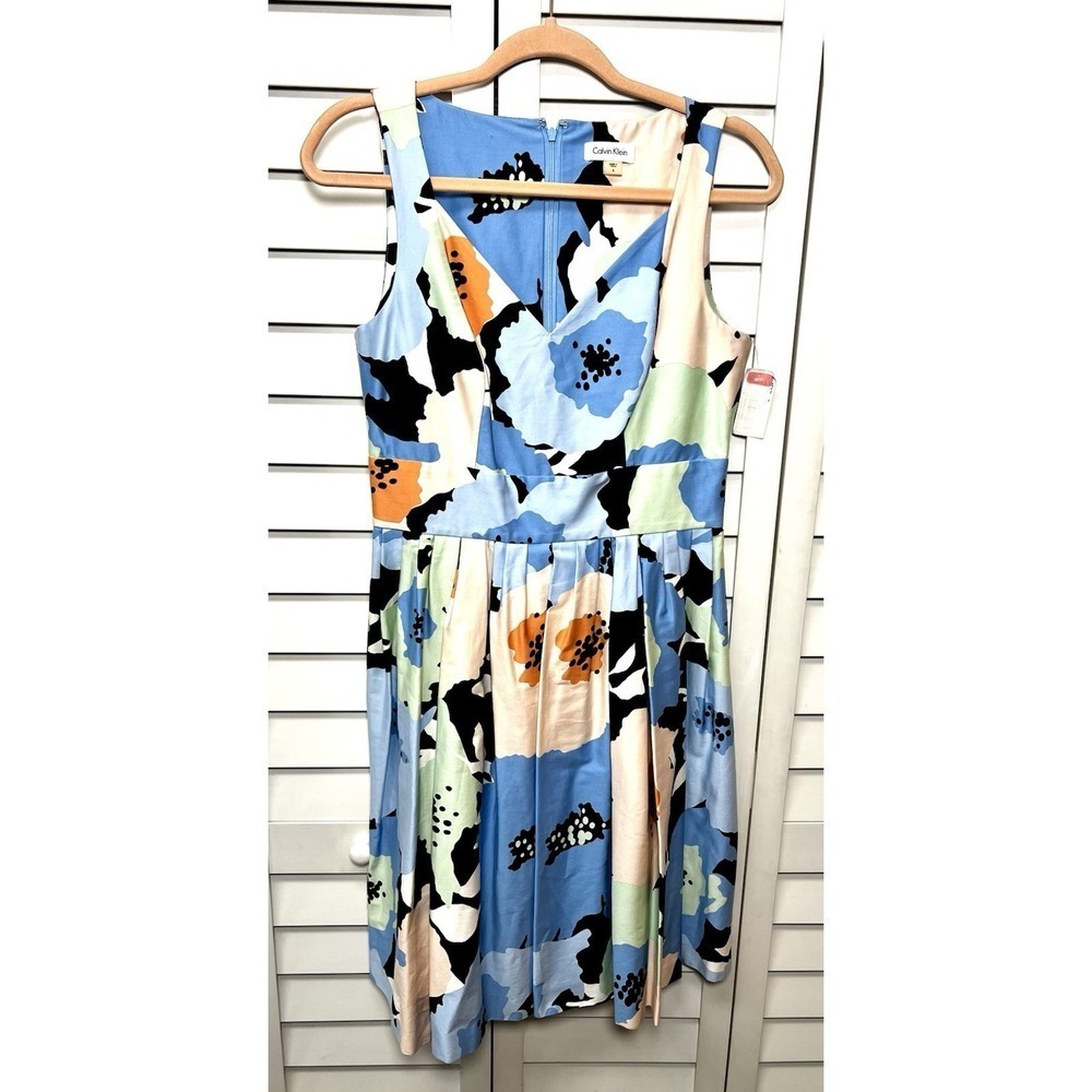 Calvin Klein Floral Colorful Sleeveless Pleated A-Line Flare Dress Size 6 NWT